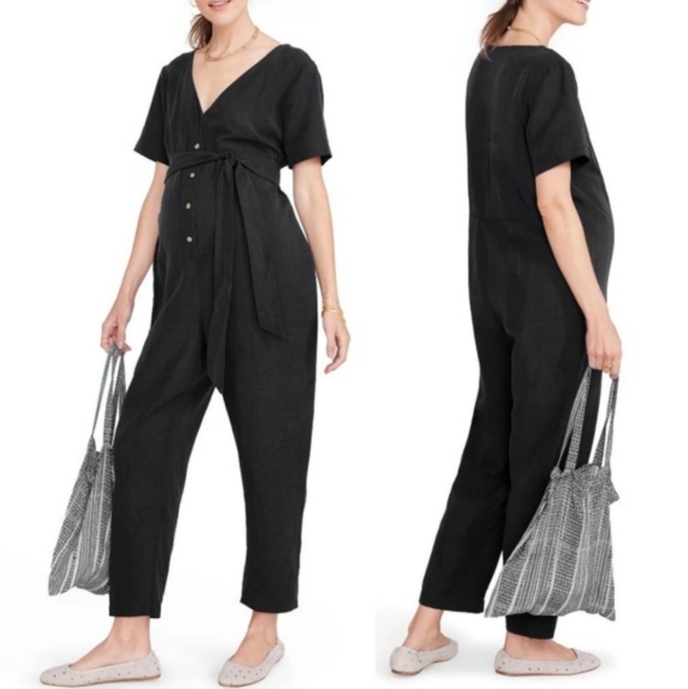Hatch Black Short-Sleeve V-Neck Tie-Waist Jumpsuit